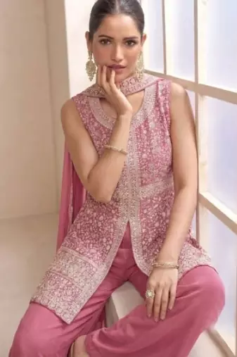 Pink georgette palazzo suit with embroidered sequin 