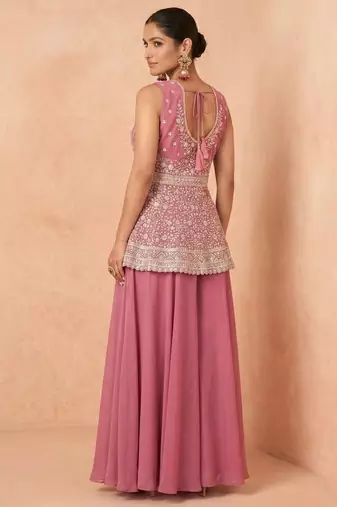 Pink georgette palazzo suit with embroidered sequin 