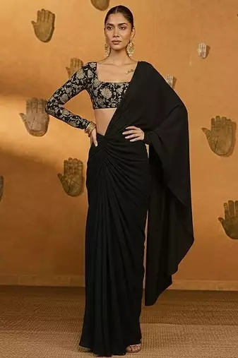 Black crepe pre draped saree set