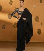 Black crepe pre draped saree set