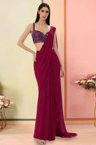 Wine net pre draped saree set