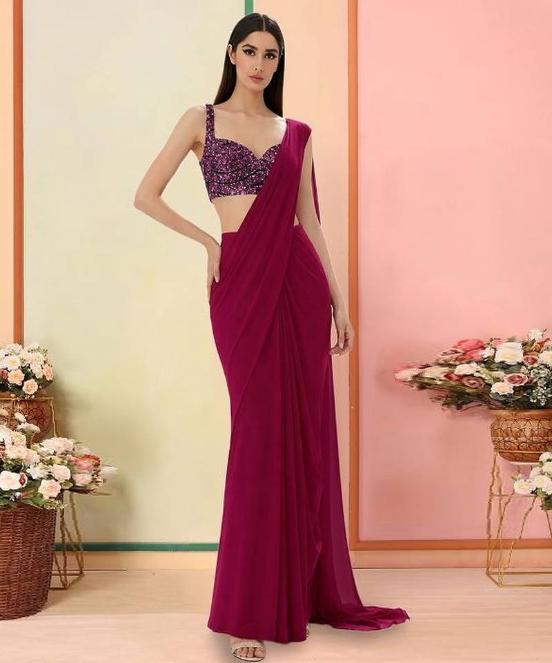 Wine net pre draped saree set