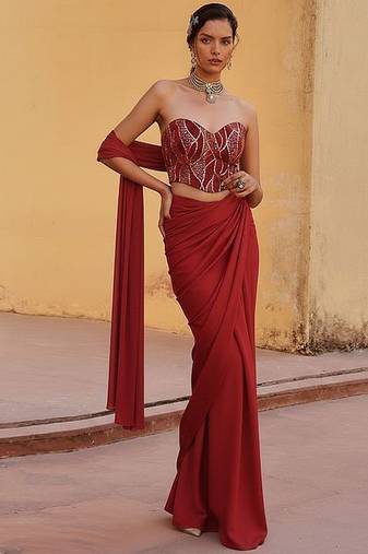 Red georgette pre draped saree set