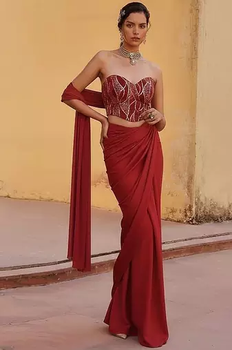 Red georgette pre draped saree set