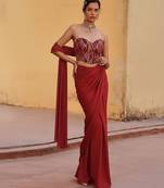 Red georgette pre draped saree set