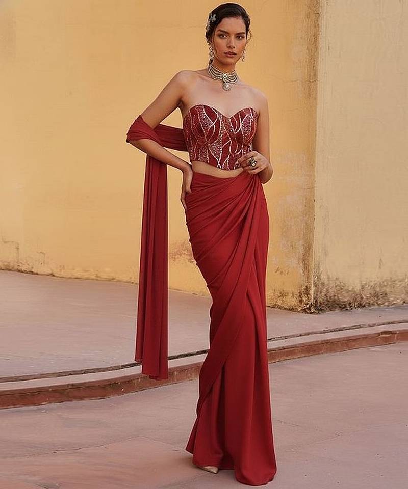 Red georgette pre draped saree set