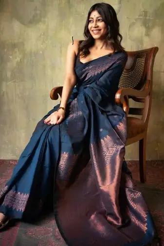 Blue silk blend banarasi jaquard designer saree with blouse