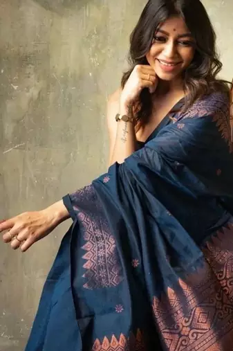 Blue silk blend banarasi jaquard designer saree with blouse