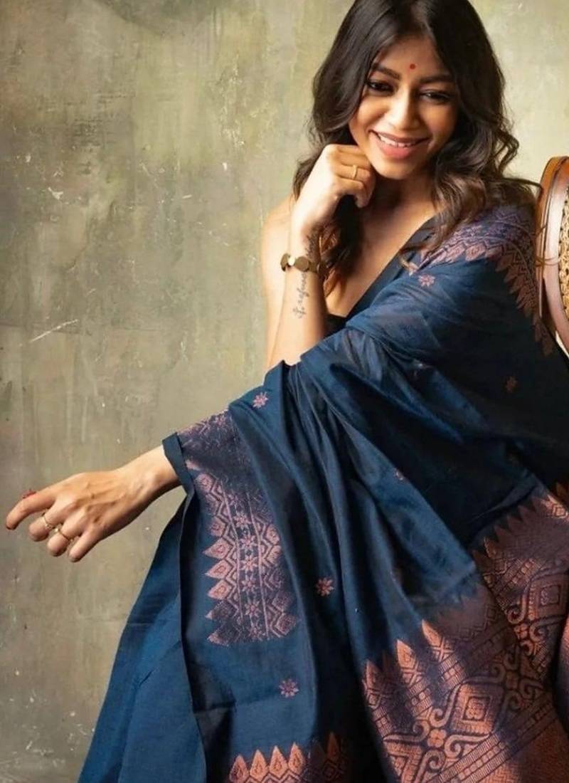 Blue soft silk blend banarasi jacuard work designer saree with blouse