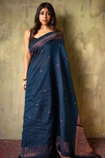 Blue silk blend banarasi jaquard designer saree with blouse