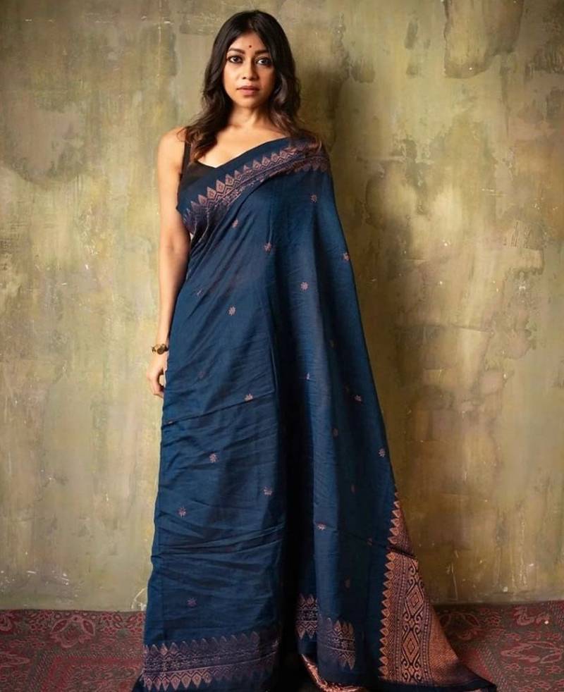 Blue soft silk blend banarasi jacuard work designer saree with blouse