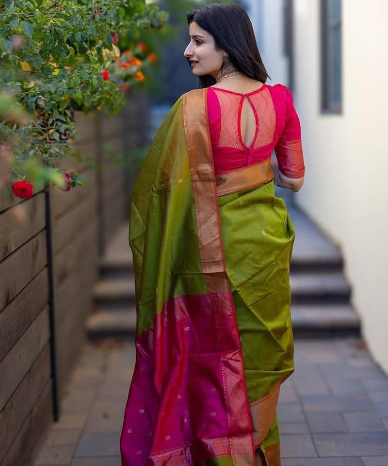 Green soft silk blend banarasi jacuard work designer saree with blouse