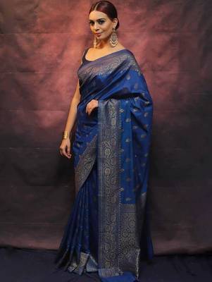 Blue silk blend banarasi jaquard designer saree with blouse 1