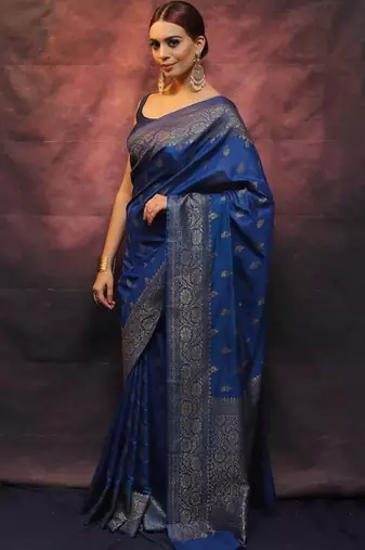 Blue soft silk blend banarasi jacuard work designer saree with blouse