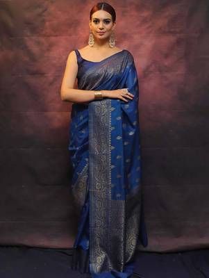 Blue silk blend banarasi jaquard designer saree with blouse 2