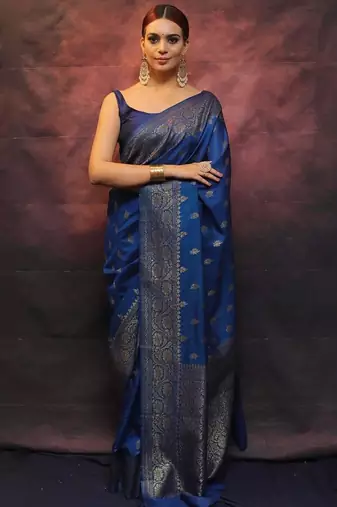 Blue silk blend banarasi jaquard designer saree with blouse