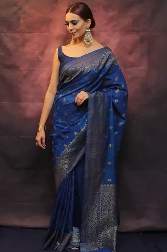 Blue silk blend banarasi jaquard designer saree with blouse