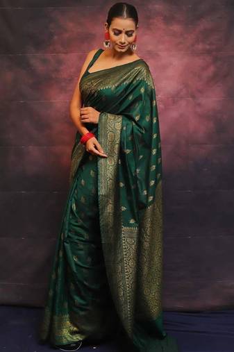 Green soft silk blend banarasi jacuard work designer saree with blouse