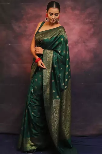 Green soft silk blend banarasi jacuard work designer saree with blouse