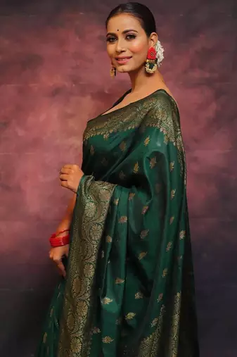 Green silk blend banarasi jaquard designer saree with blouse