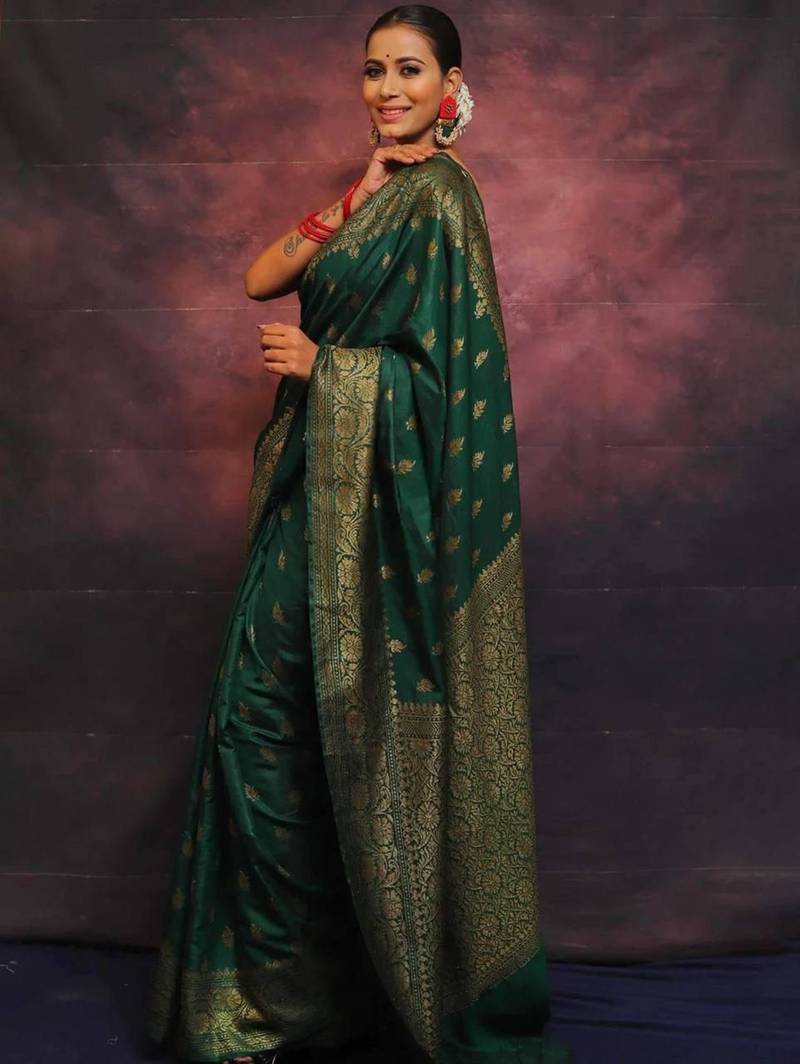 Green soft silk blend banarasi jacuard work designer saree with blouse