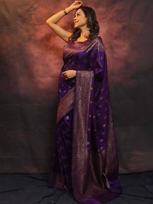 Purple silk blend banarasi jaquard designer saree with blouse 1