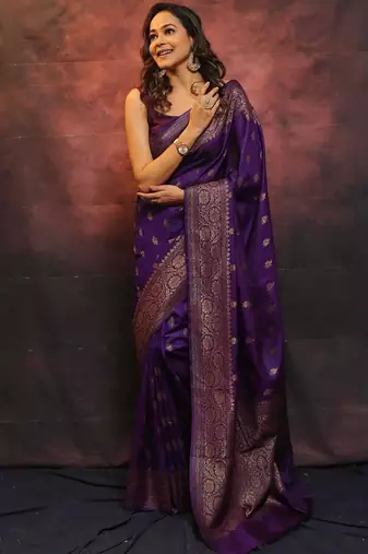 Purple silk blend banarasi jaquard designer saree with blouse