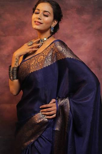 Blue soft silk blend banarasi jacuard work designer saree with blouse