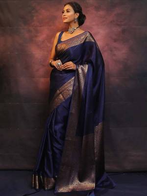 Blue silk blend banarasi jaquard designer saree with blouse 2