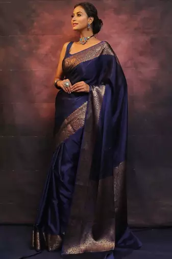 Blue silk blend banarasi jaquard designer saree with blouse