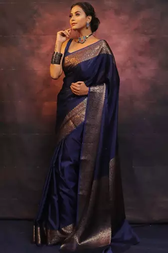 Blue silk blend banarasi jaquard designer saree with blouse
