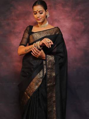 Black silk blend banarasi jaquard designer saree with blouse 1