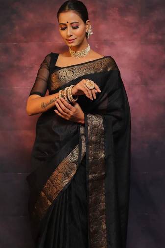Black soft silk blend banarasi jacuard work designer saree with blouse