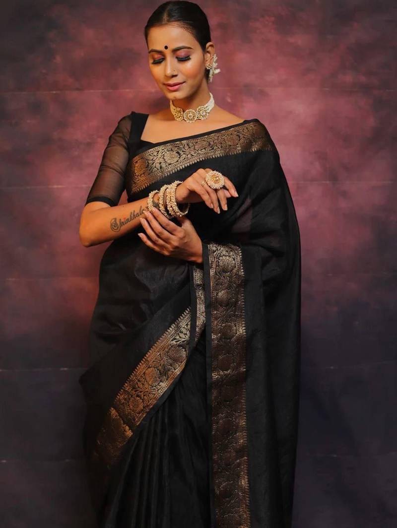 Black soft silk blend banarasi jacuard work designer saree with blouse