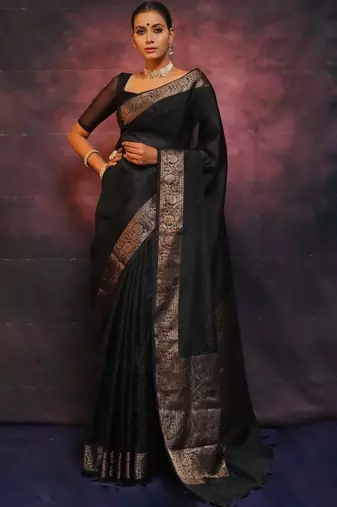 Black silk blend banarasi jaquard designer saree with blouse