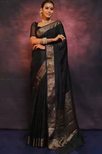 Black silk blend banarasi jaquard designer saree with blouse