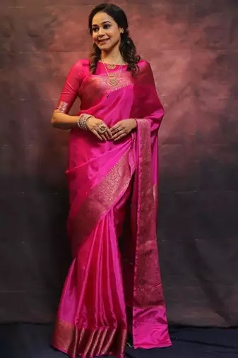 Rani pink silk blend banarasi jaquard designer saree with blouse