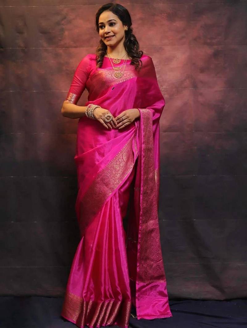 Rani pink soft silk blend banarasi jacuard work designer saree with blouse