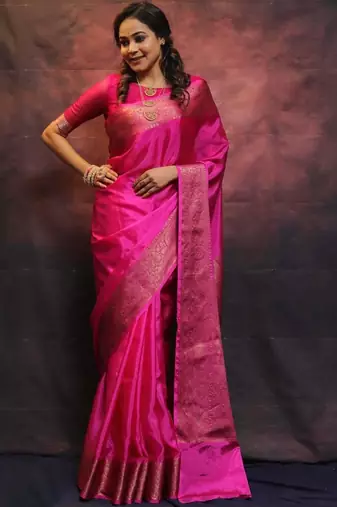 Rani pink silk blend banarasi jaquard designer saree with blouse