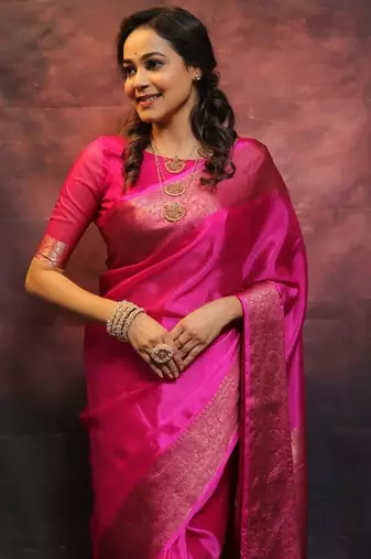 Rani pink silk blend banarasi jaquard designer saree with blouse