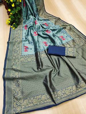 Turquoise silk blend banarasi jaquard designer saree with blouse 2