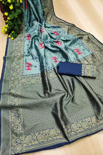 Turquoise silk blend banarasi jaquard designer saree with blouse