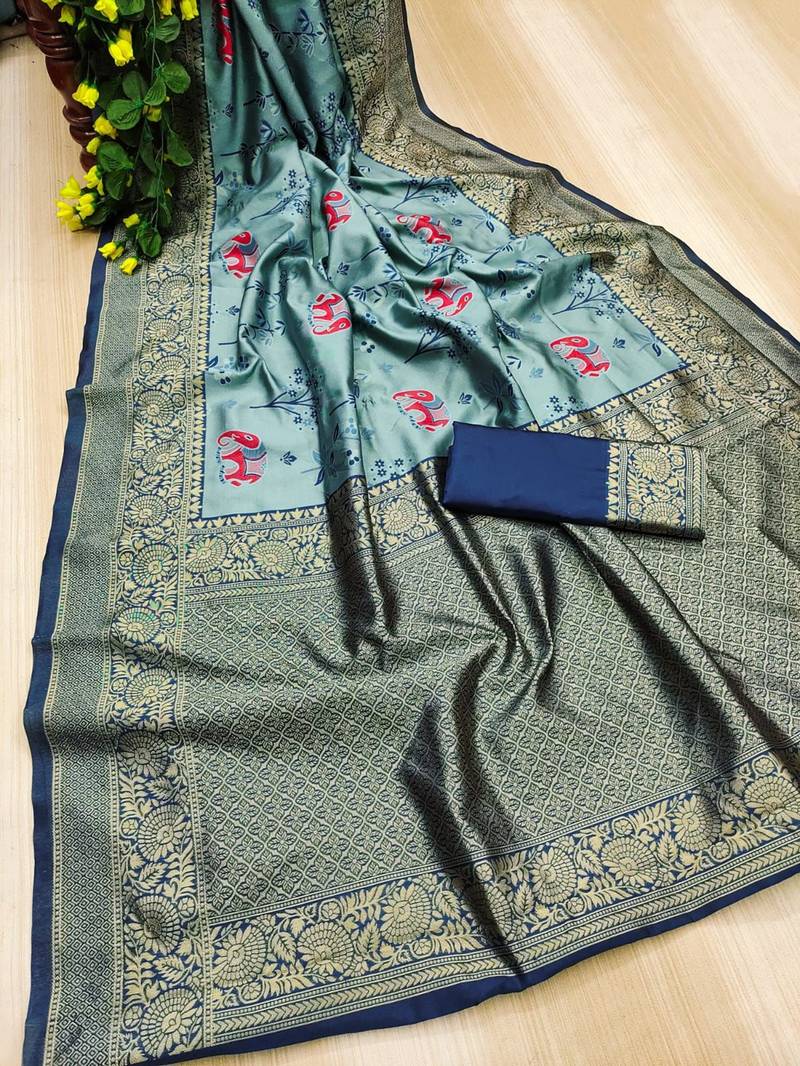 Turquoise soft silk blend banarasi jacuard work designer saree with blouse