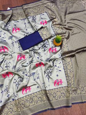 Sky blue silk blend banarasi jaquard designer saree with blouse 2