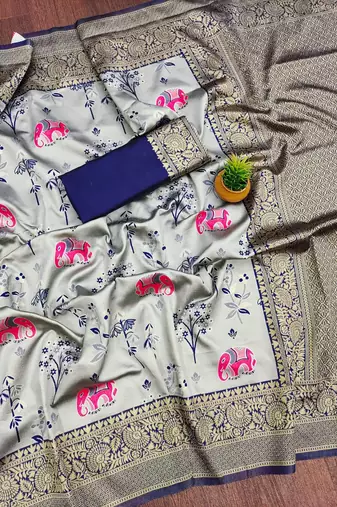Sky blue silk blend banarasi jaquard designer saree with blouse