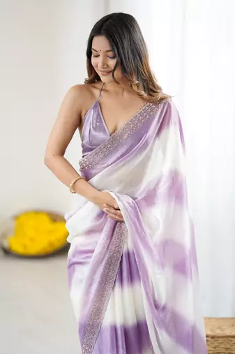 Purple fendy satin saree with zarkan diamond work & ultra satin blouse