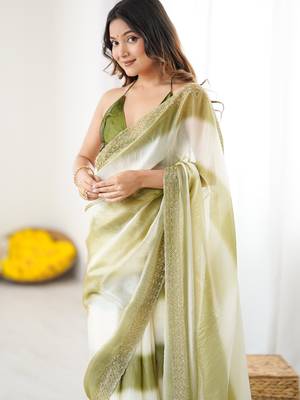 Mehendi fendy satin saree with zarkan diamond work & ultra satin blouse 3