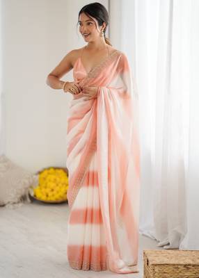 Peach fendy satin saree with zarkan diamond work & ultra satin blouse 1