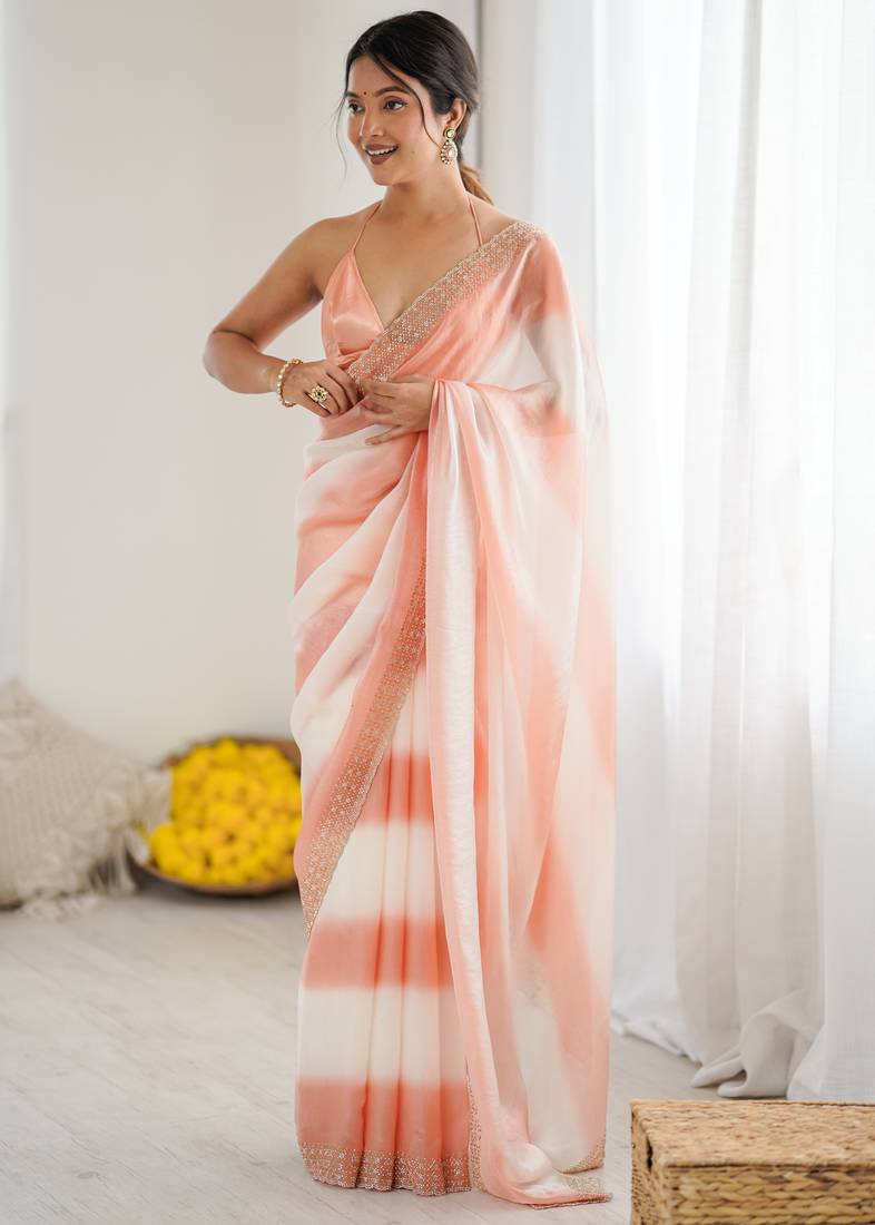 Peach fendy satin saree with zarkan diamond work & ultra satin blouse