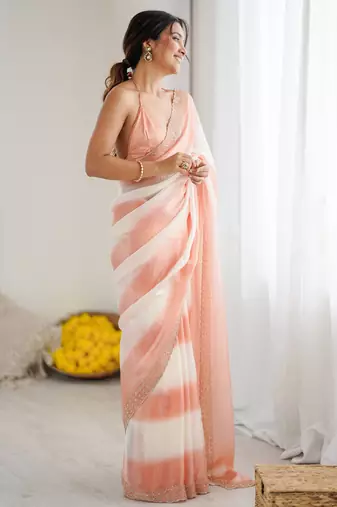 Peach fendy satin saree with zarkan diamond work & ultra satin blouse